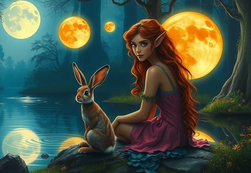 Magical Moonlit Pond with Elf and Bunny