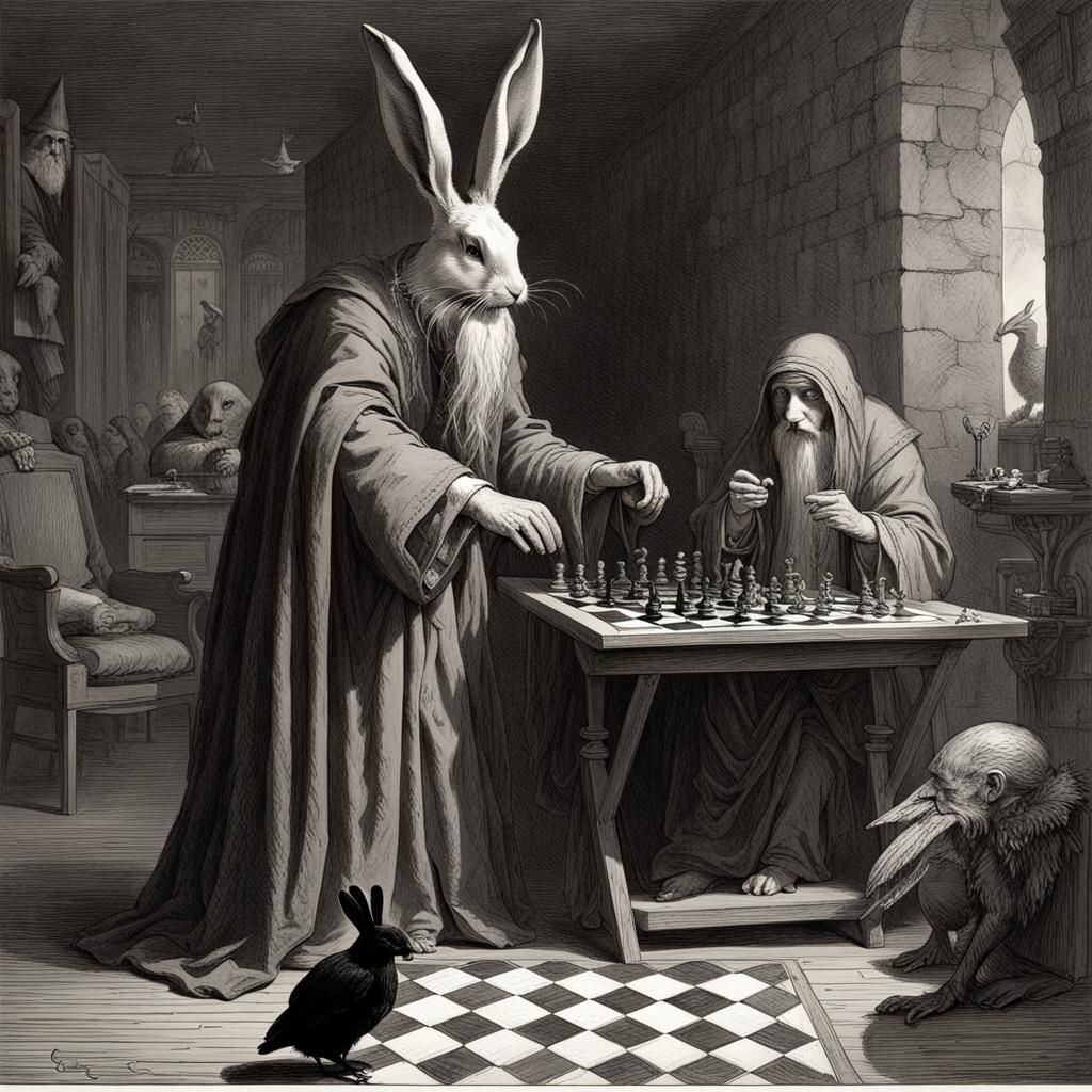 Rabbit Wizard Chess Match in Doré Style