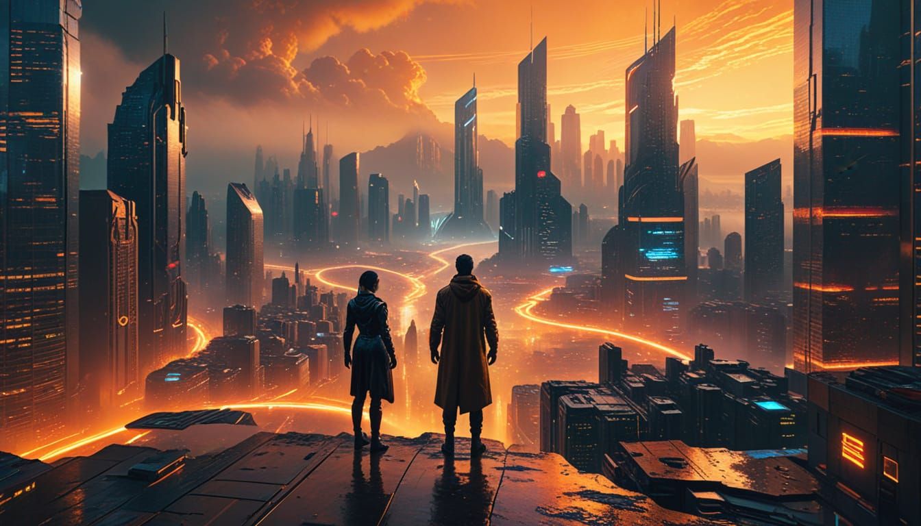 Futuristic Cityscape at Sunset in Digital Matte Painting