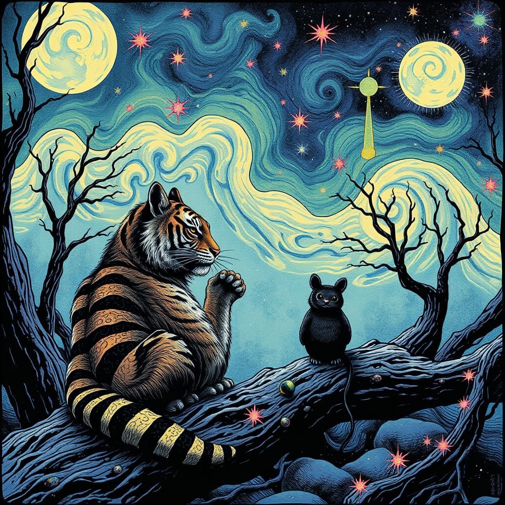 Psychedelic Totoro Tiger Möbius Strip in Splatter Paint Styl...