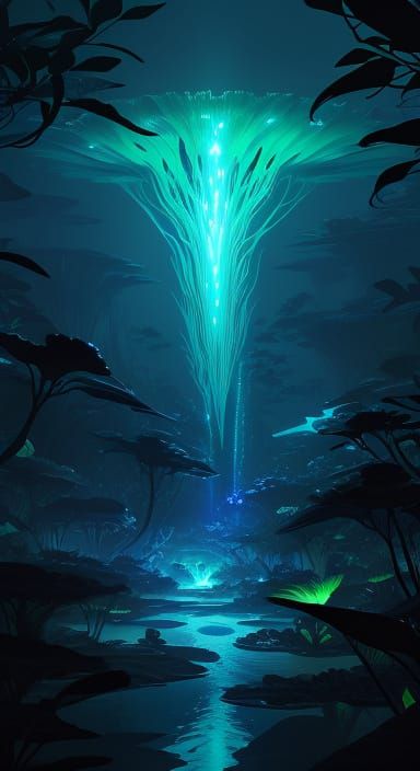 Bioluminescent Manta Ray in Alien Jungle