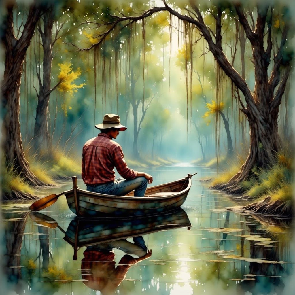 Cajun Bayou River Scene in Antique Watercolor Painterly Styl...