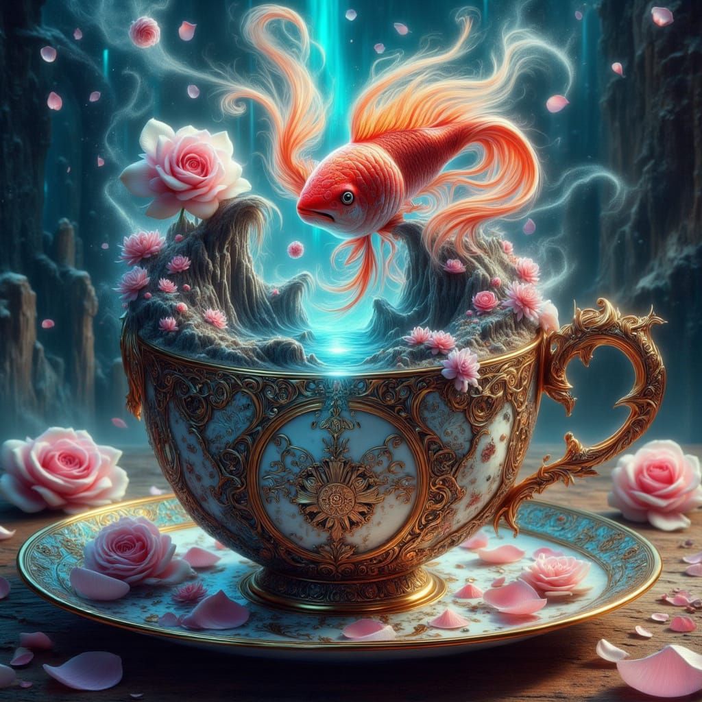Flame Angel Fish Emerges from Magical Teacup Kingdom
