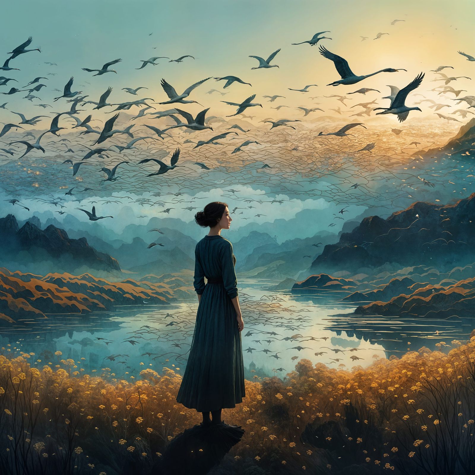 Dreamy Flight with Cranes: Digital Matte Painting