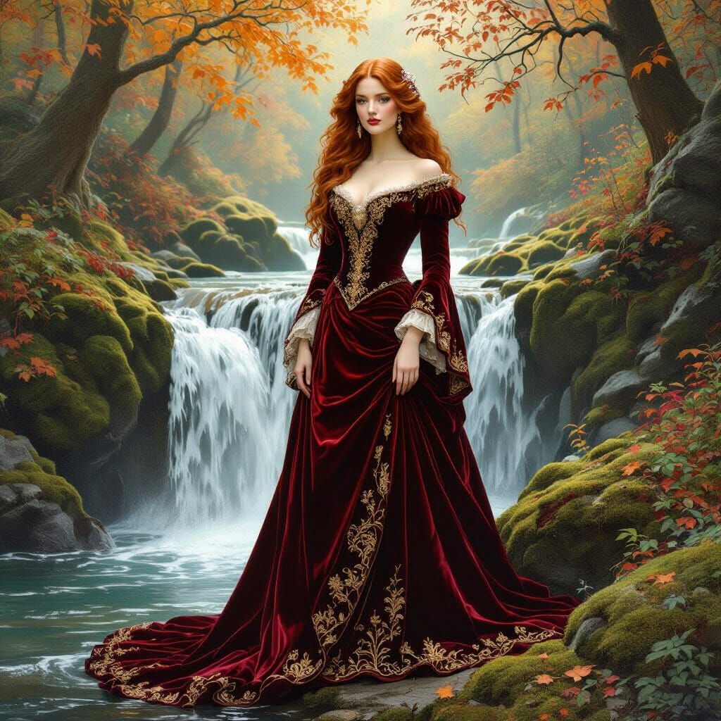 Regal Woman in Crimson Gown by Waterfall