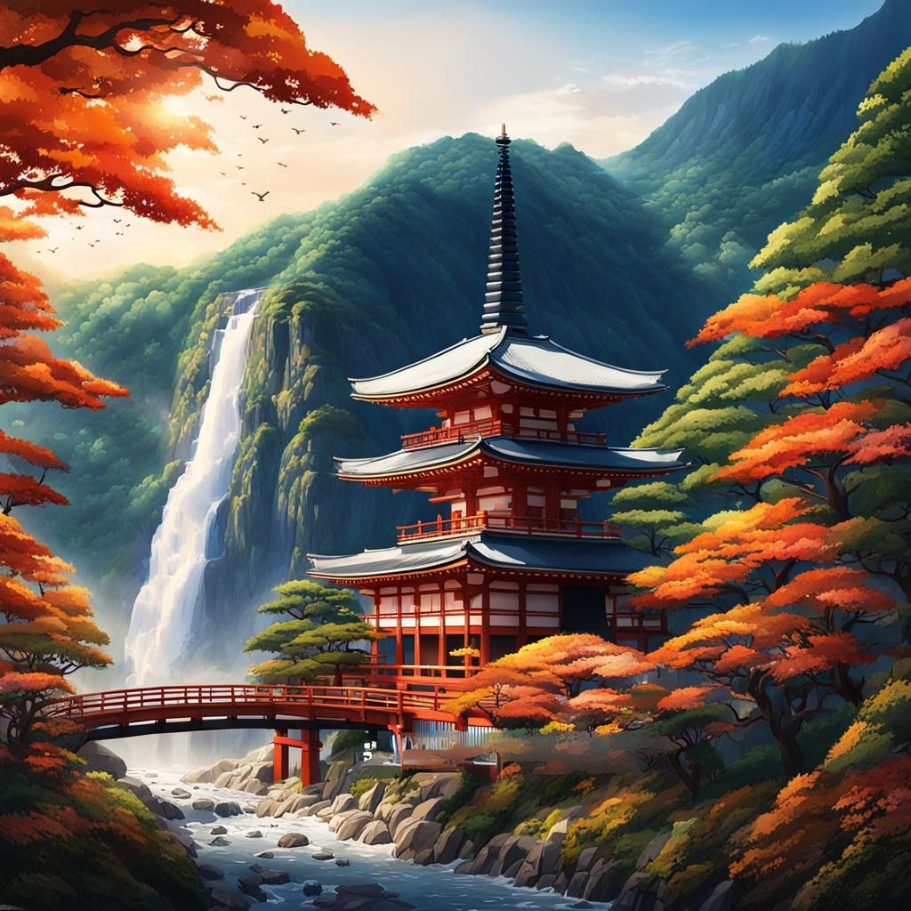 Kumano Nachi Shrine and Falls: Hyperrealistic Splash Art