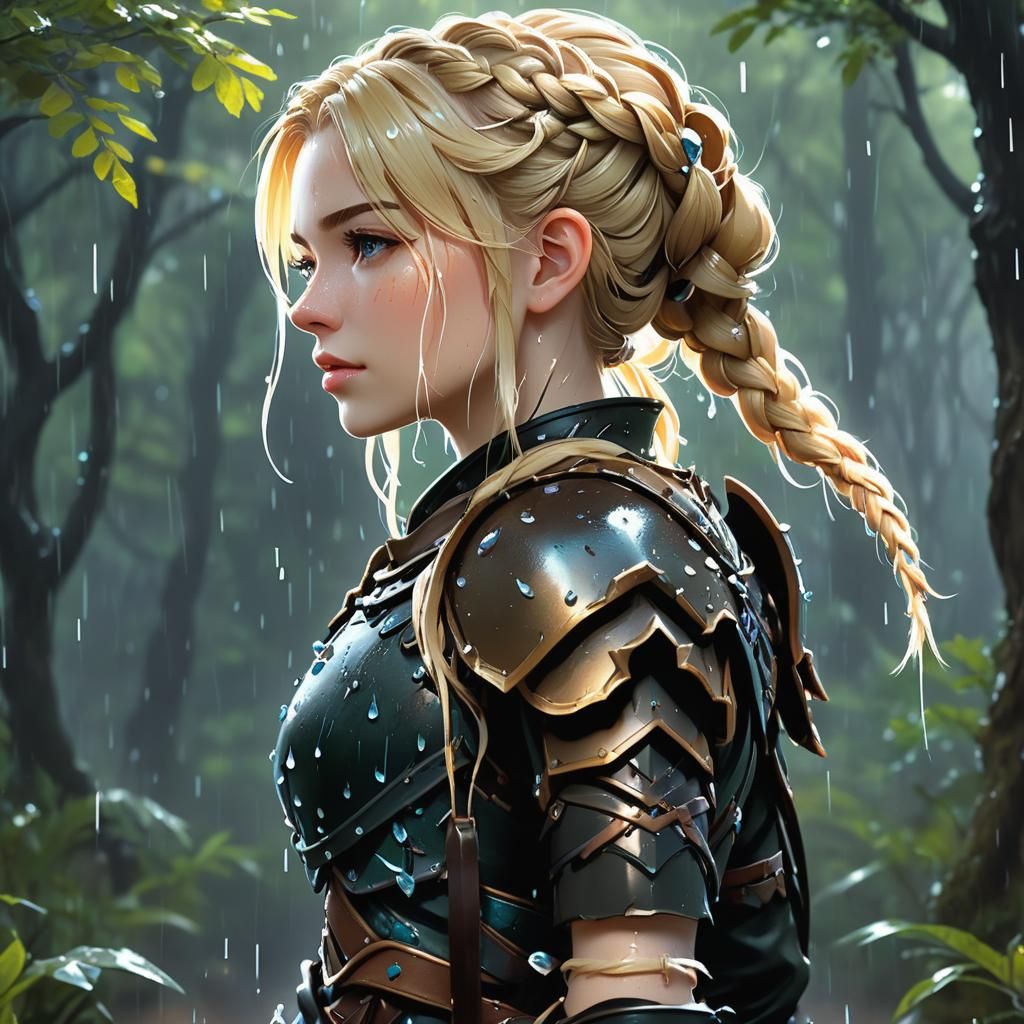 Braided Warrior in Rainy Forest, 3D Anime Art