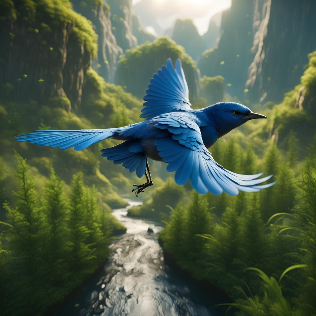 Bluebird Flight Through a Green Karst Landscape