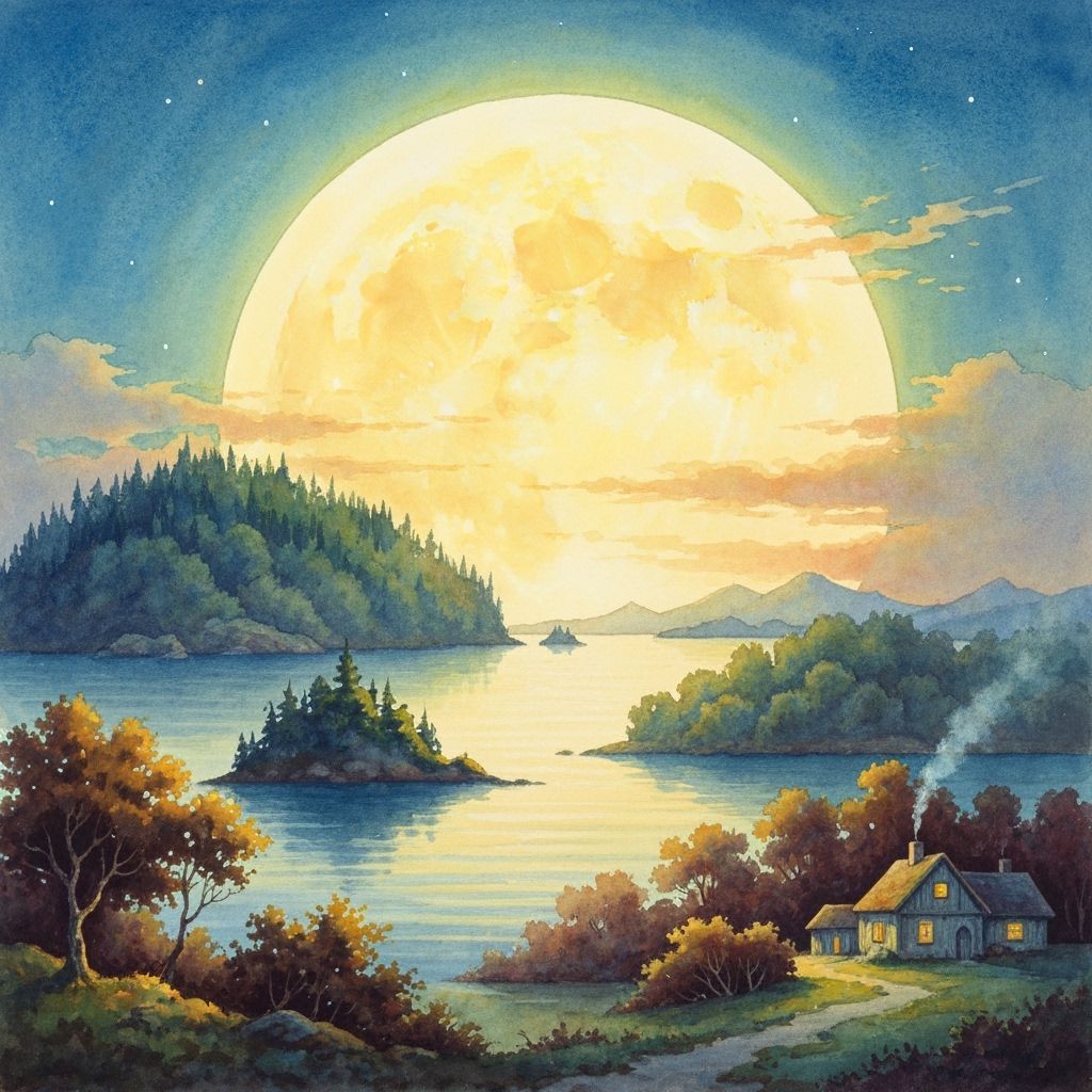 Moonlit Sky Watercolor Painting with Islands and Cottages