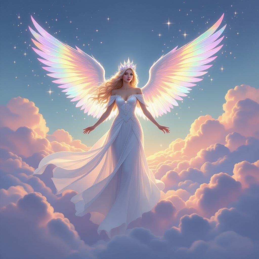 Celestial Queen of Light Above Pastel Clouds