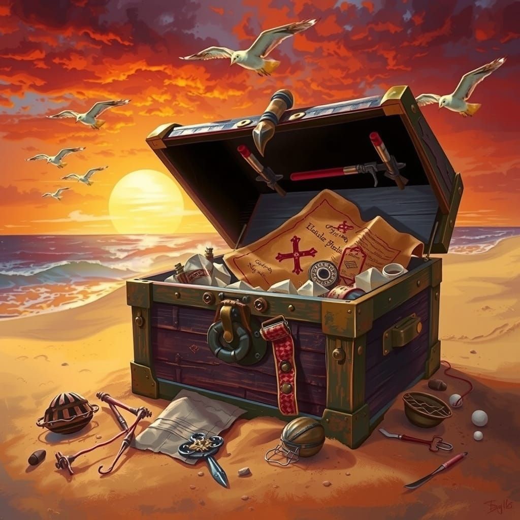 Pirate Treasure Chest with Map at Sunset