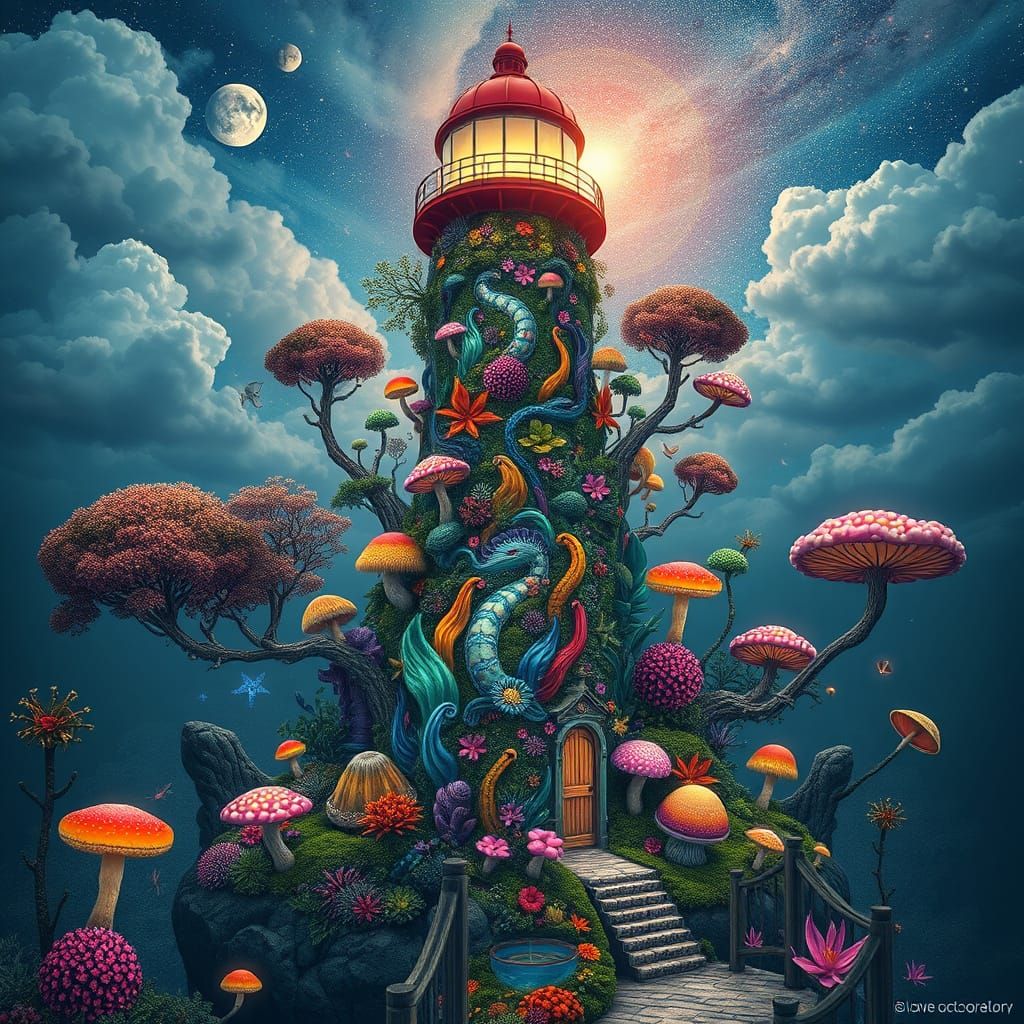 Fantasy Lighthouse Plant Kingdom in Art Nouveau Style