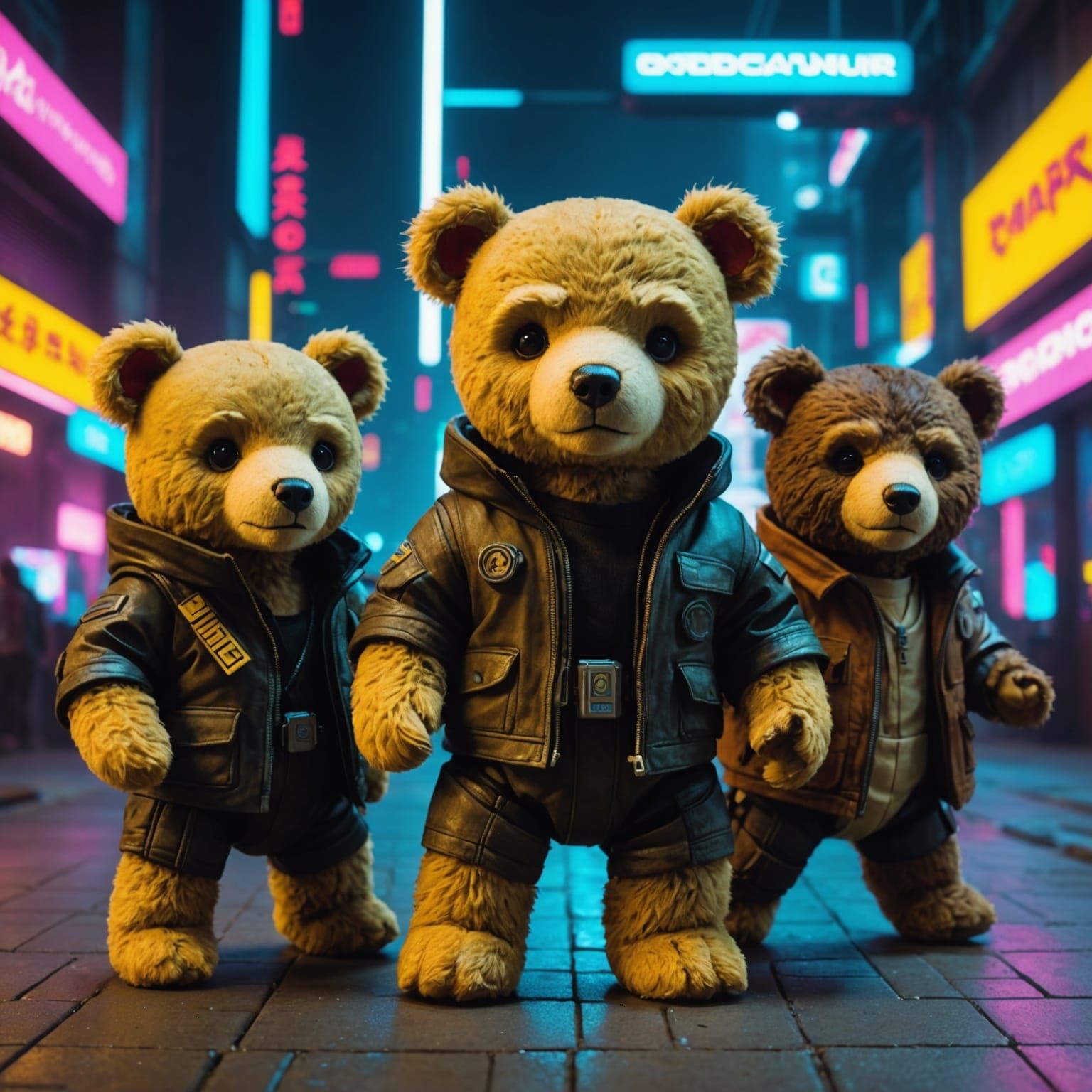 Teddy Bears Cosplay Blade Runner in Cyberpunk Style
