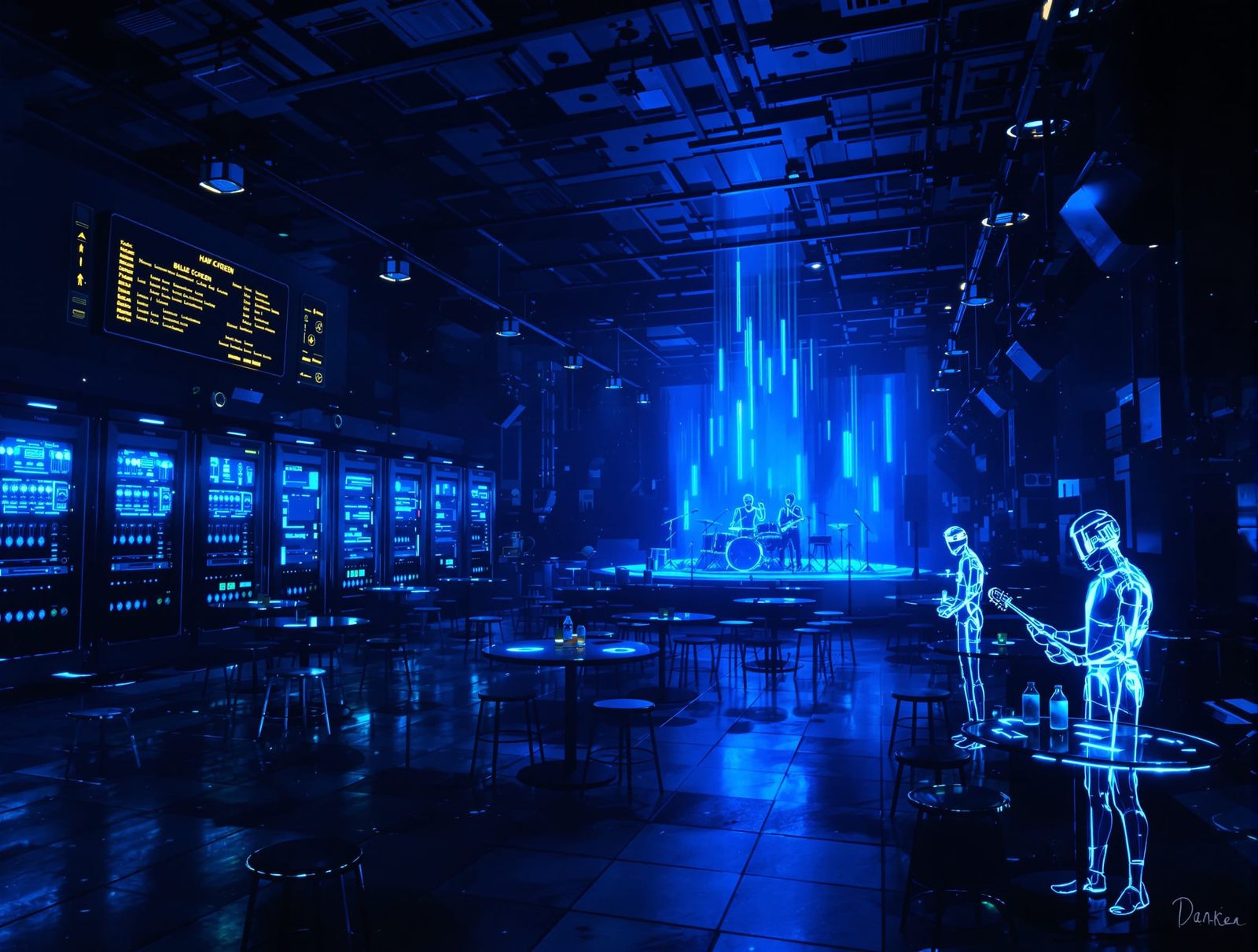Cyberpunk Hacker Bar Interior with Holographic Jazz Band