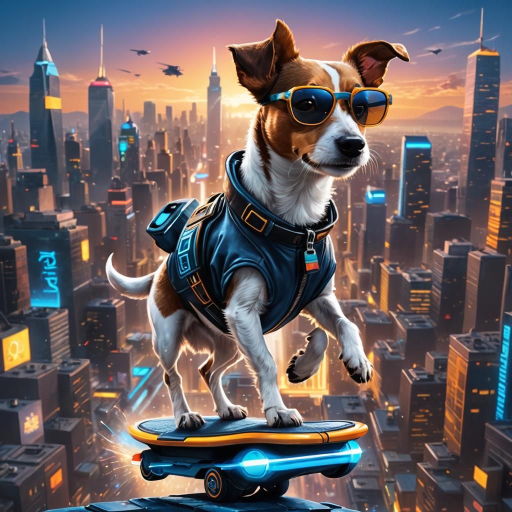 Jack Russell Terrier Rides Hoverboard in Cyberpunk City