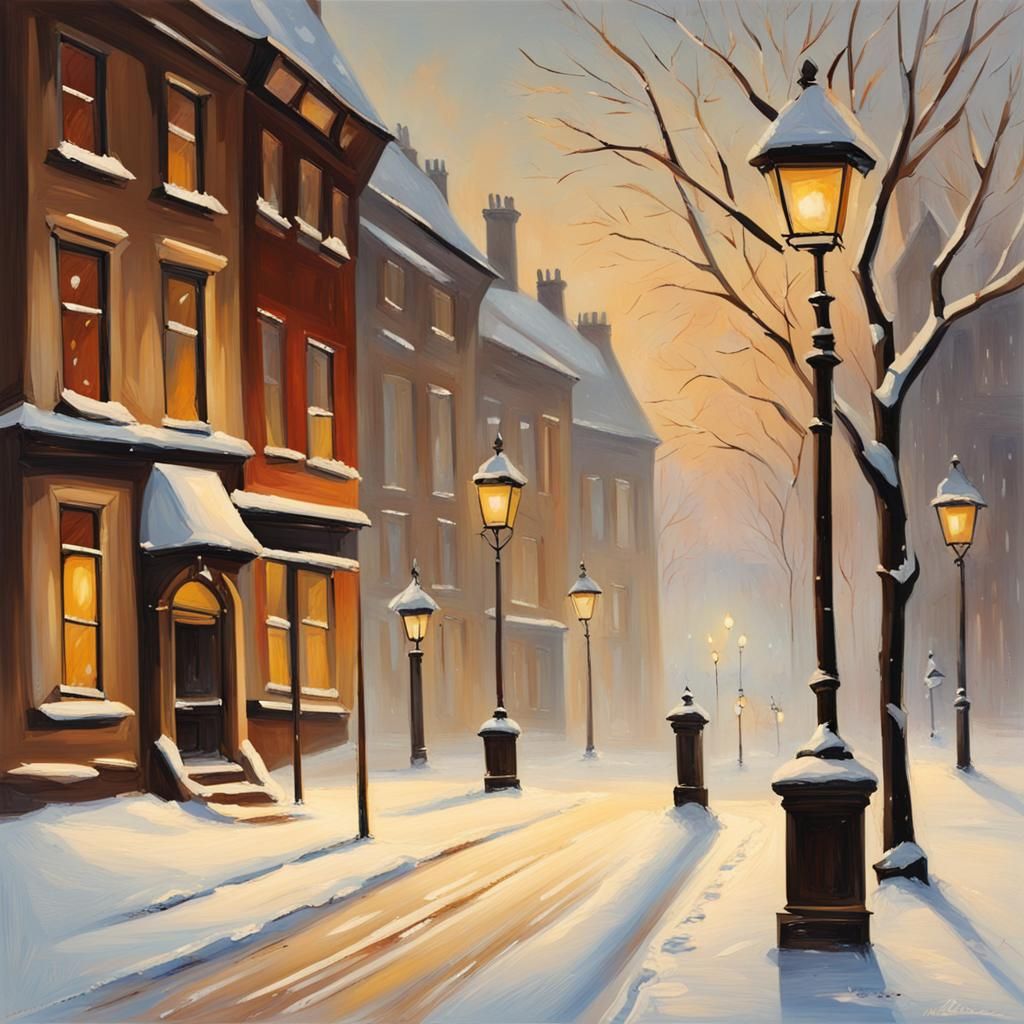 Snowy Winter Scene with Street Lamps