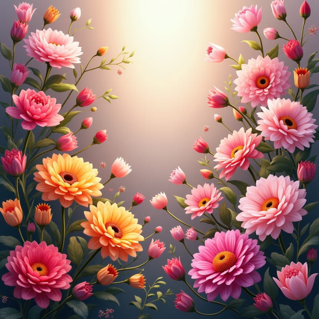 Vibrant Flowers in Bloom: Detailed Matte Painting