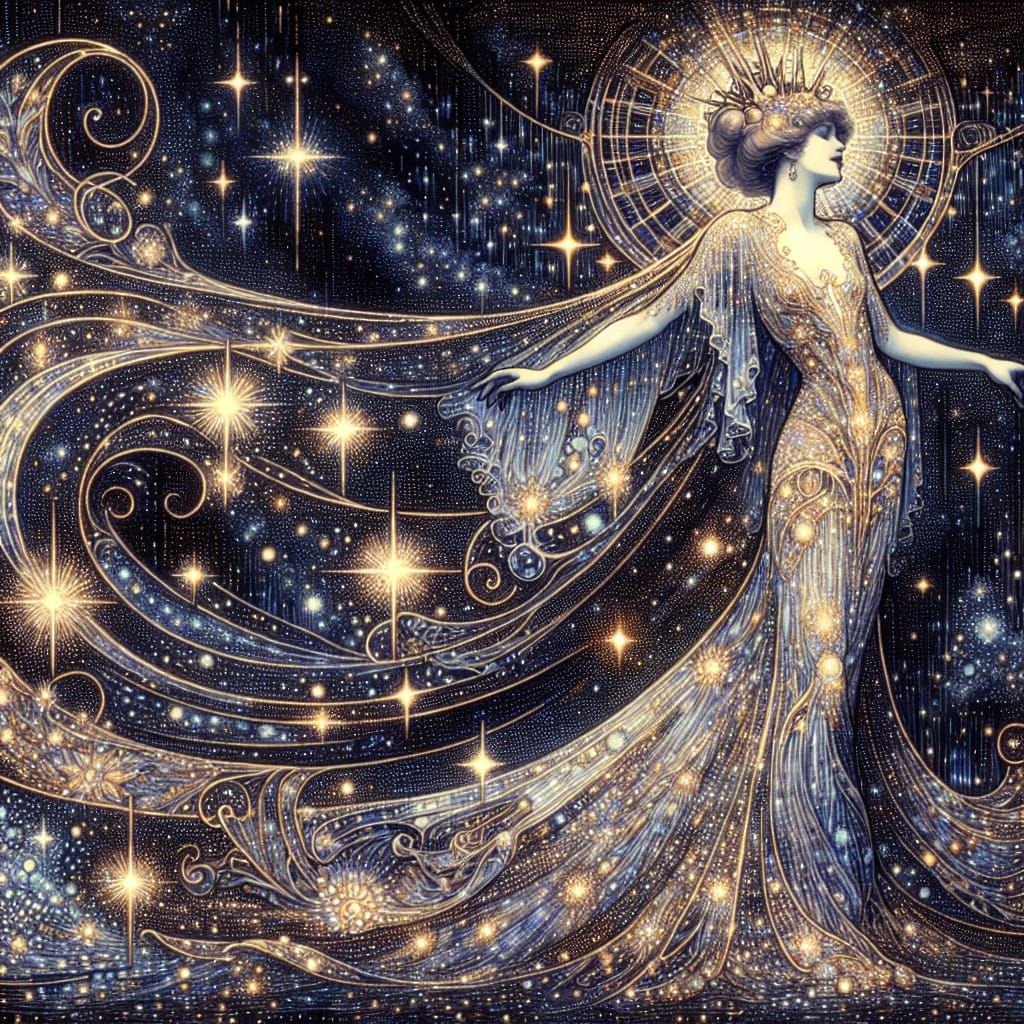 Celestial Goddess in Retro Gown Art Nouveau Style