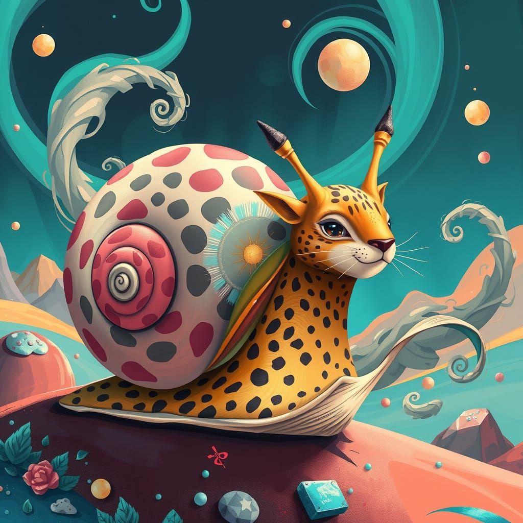 Whimsical Cheetah-Snail in Iridescent Teal Landscape