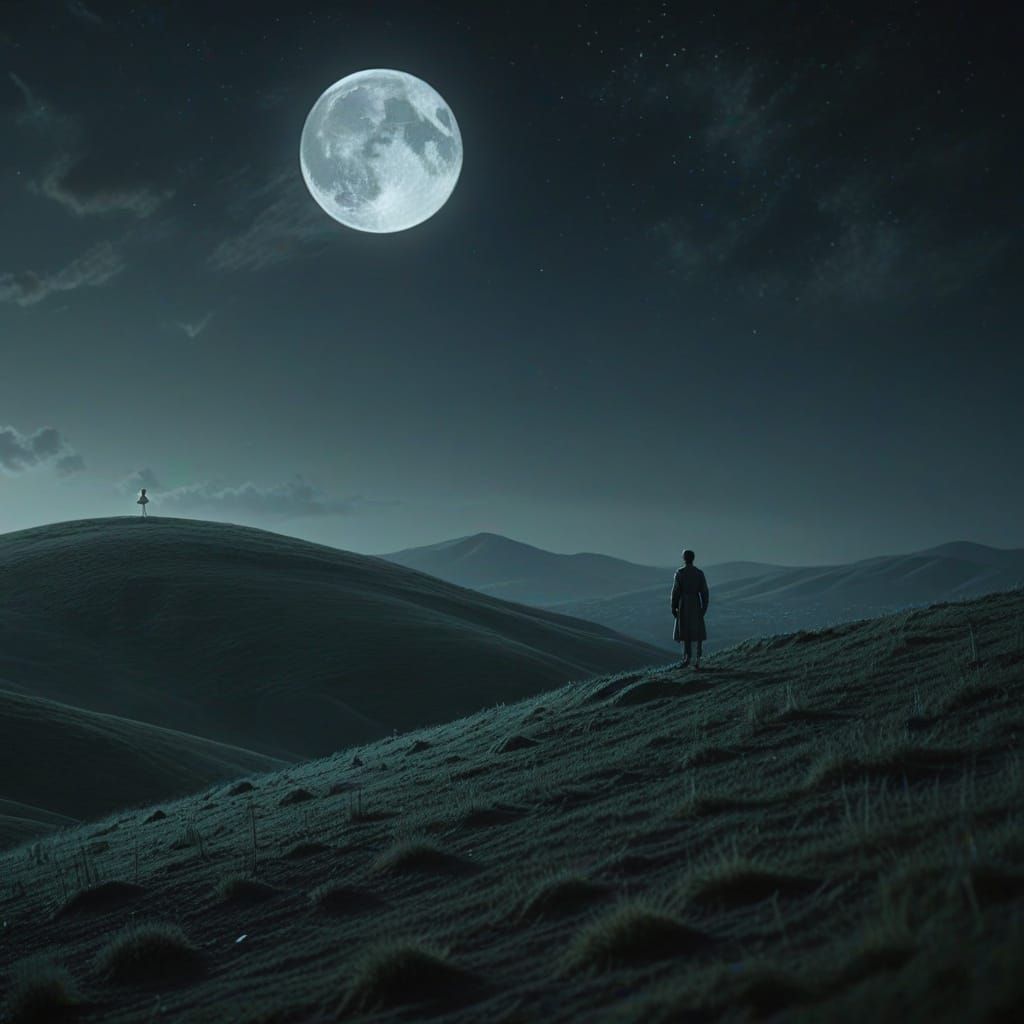 Ethereal Moonlight Silhouette on Rolling Hills