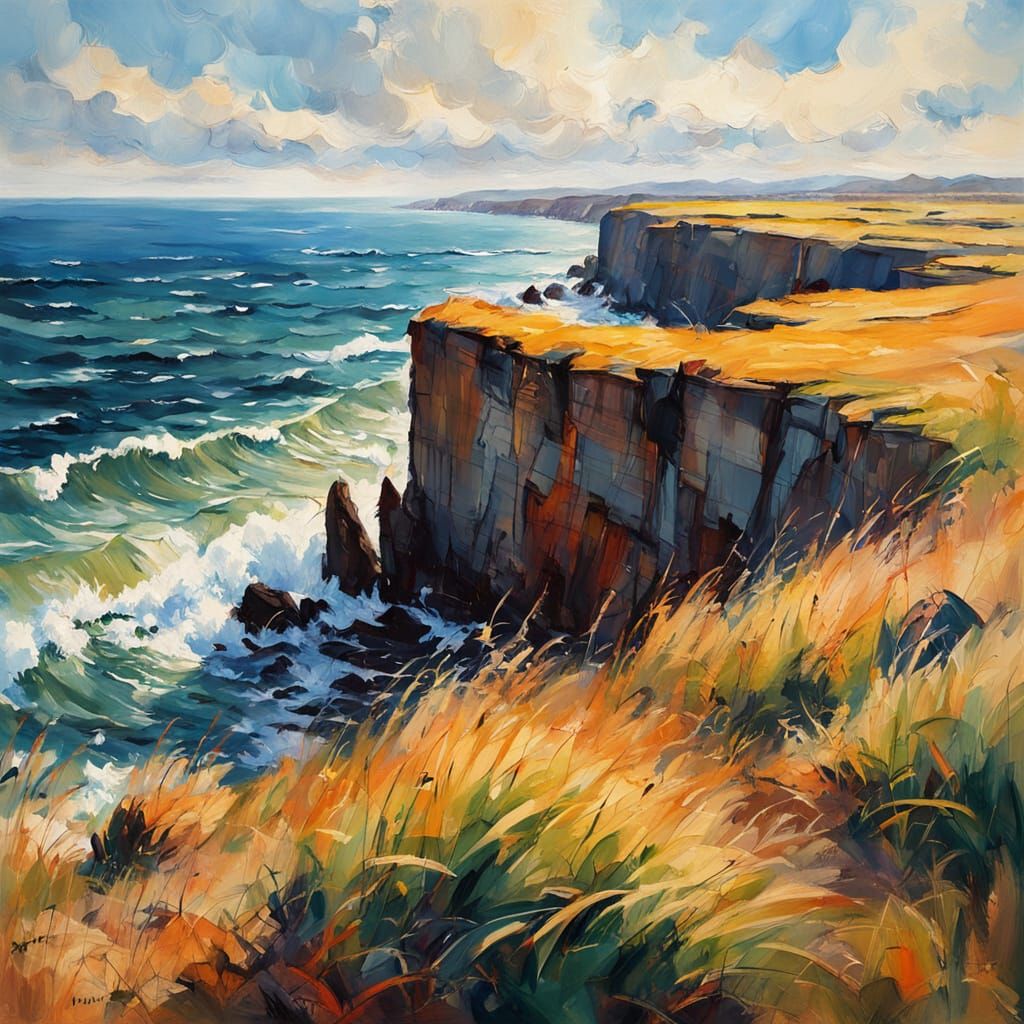 Impressionist Cliffside Gouache Painting in Warm Light