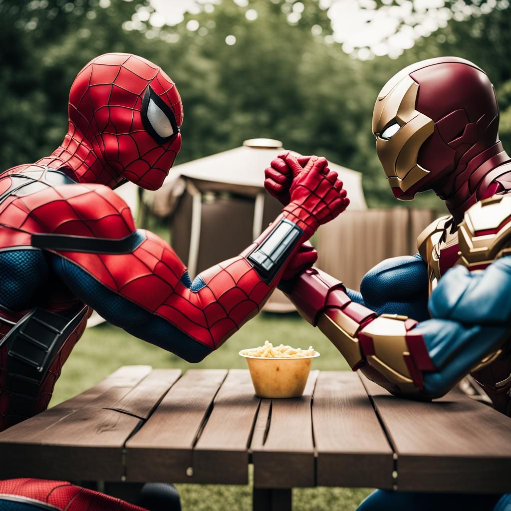 Spiderman and Ironman Arm Wrestle at Barbecue