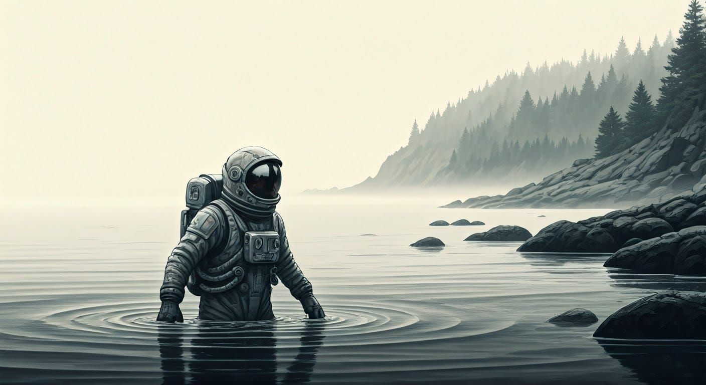 Astronaut Emerges from Misty Shoreline: Charcoal Sketch