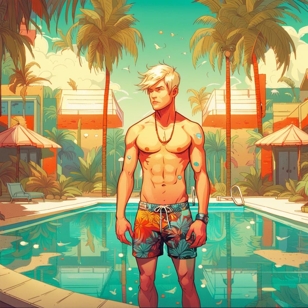 Shirtless Blond Man by Swimming Pool, Digital Art