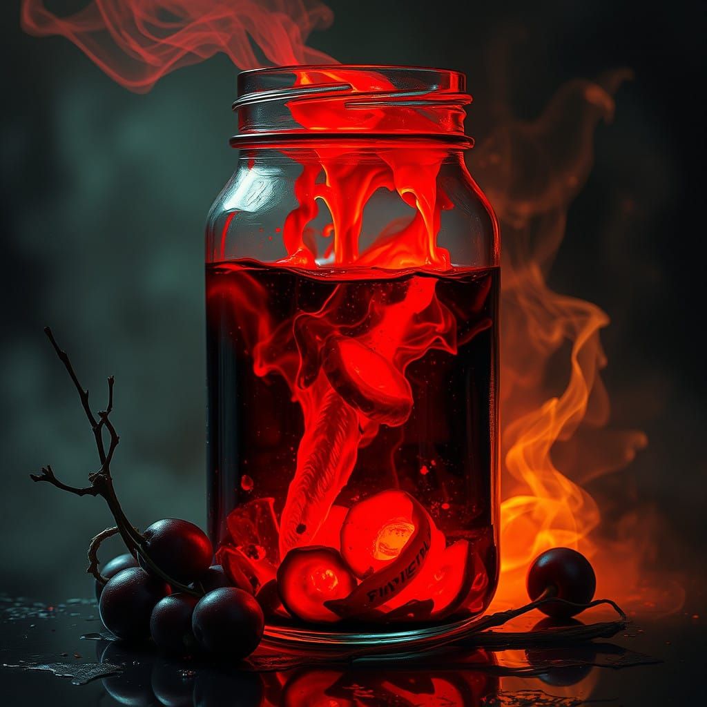 The glowing, viscious potion that is vermillion with obsidia...