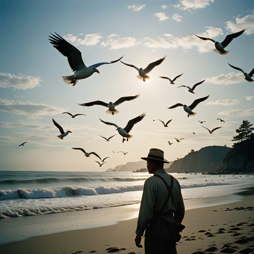 Seagulls in Flight: A Cinematic Beach Scene