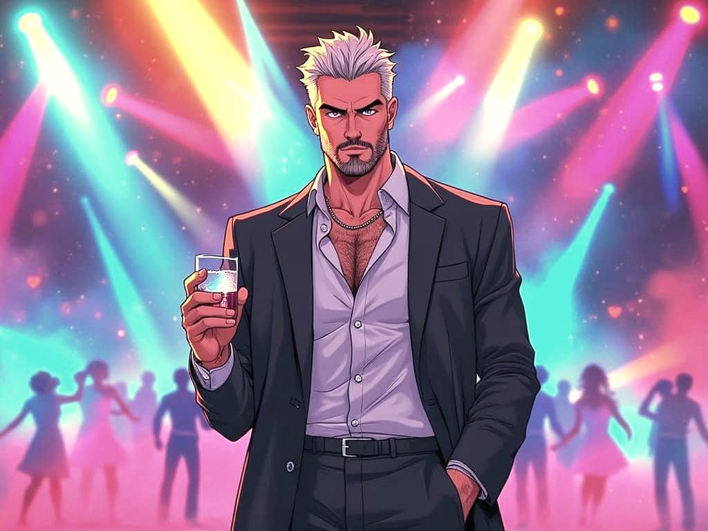 Handsome Anime Man in Neon Nightclub