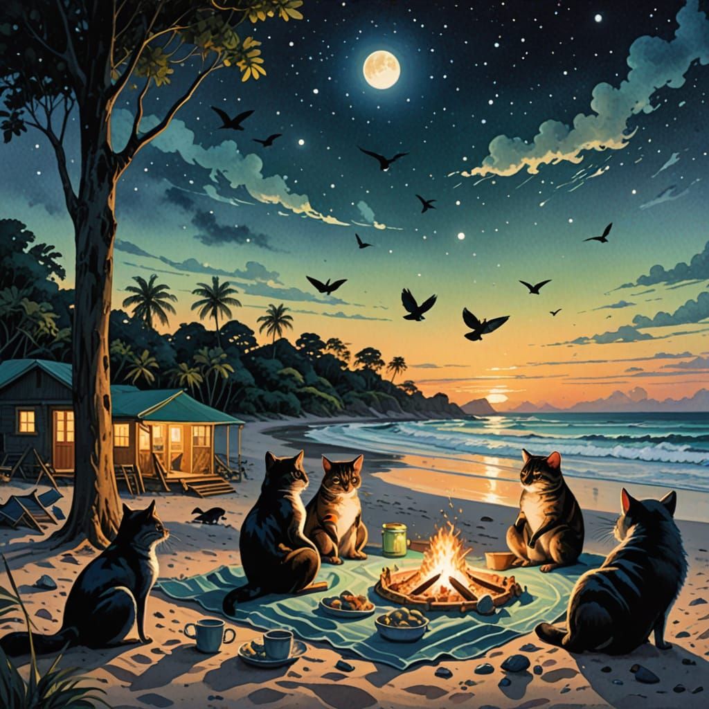 Magpies and Tarsiers Gather on Beach in Comic Book Art