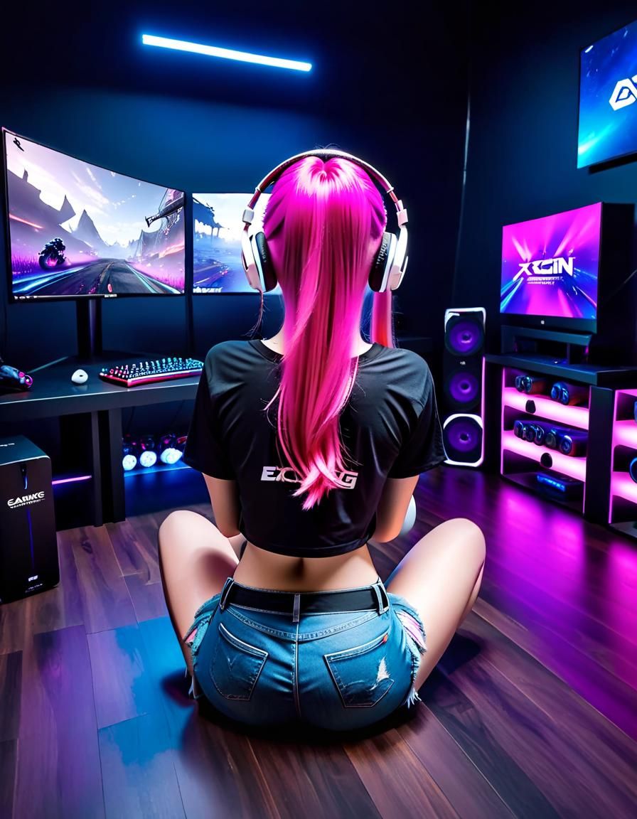 Cyberpunk Gamer Girl in Neon Lit Room