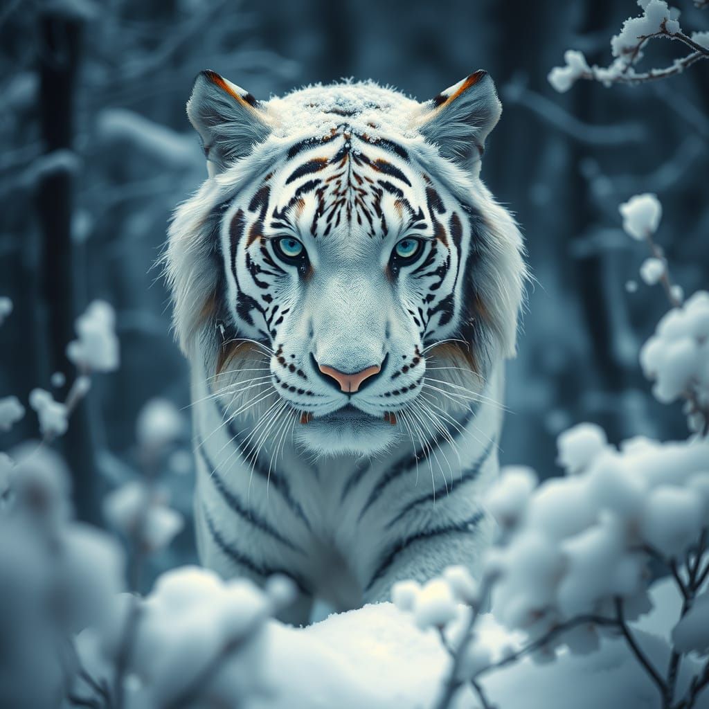 Majestic White Tiger in Frozen Forest: Photorealistic Style