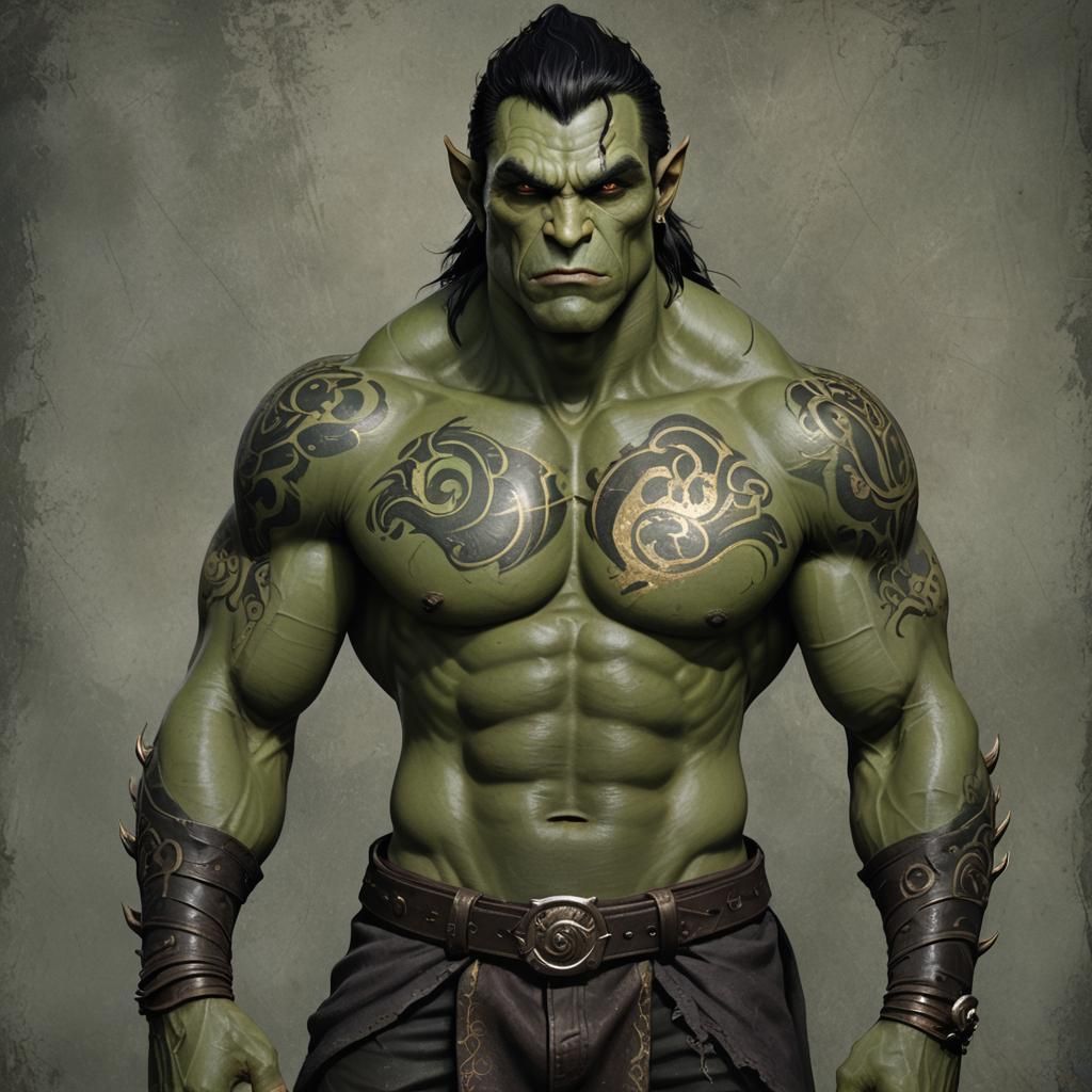 Green Half-Orc with Geometric Tattoos: Fantasy Art