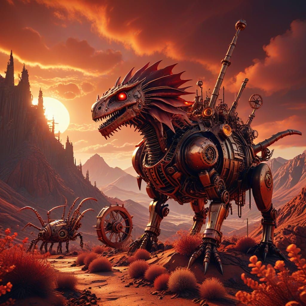 Steampunk Landscape with Fiery Mountains and Strange Creatur...
