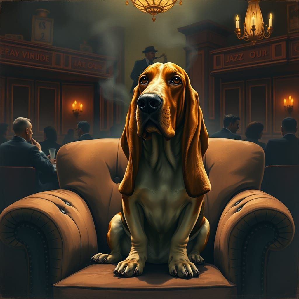 Melancholic Basset Hound in Smoky Jazz Club