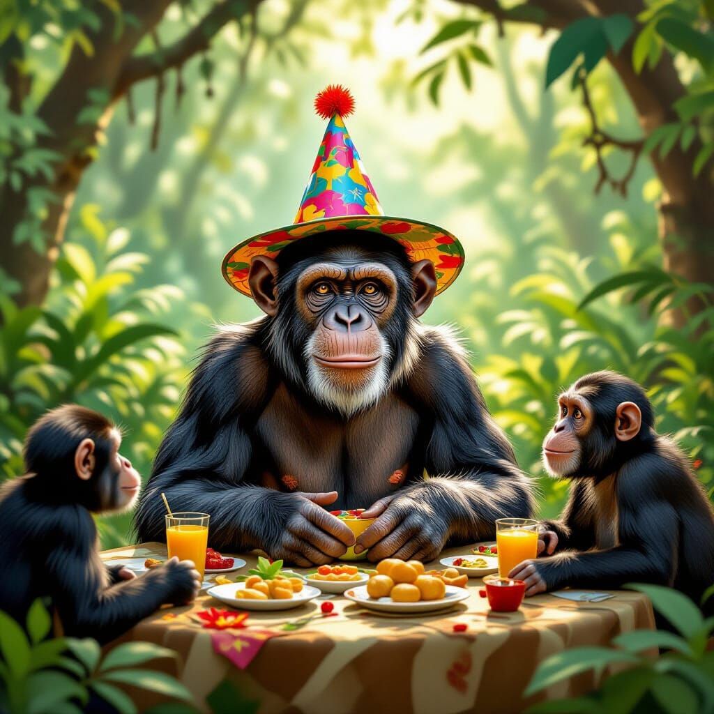 Chimpanzee Birthday Party in Lush Rainforest, Whimsical Styl...