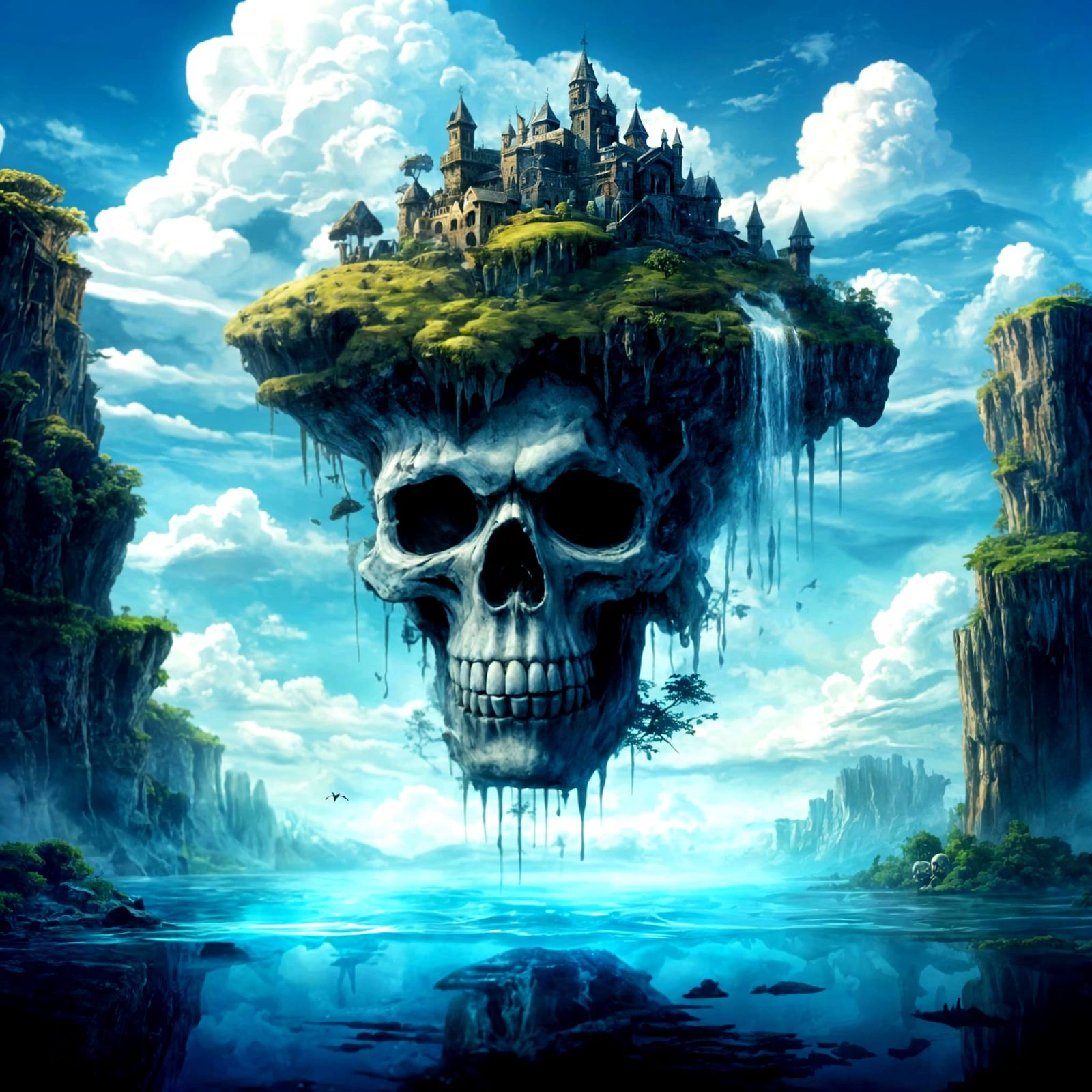 Skull Floating Island Amidst Clouds