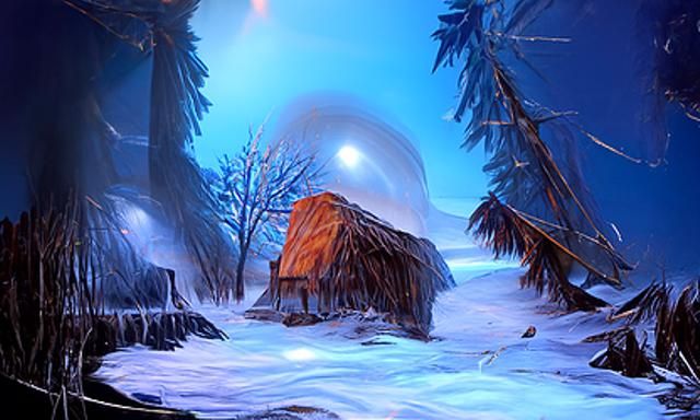 Backlit Campfire in Snowy Folk Art Landscape