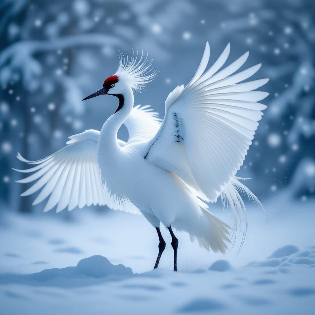 White Crane in Violent Snowstorm