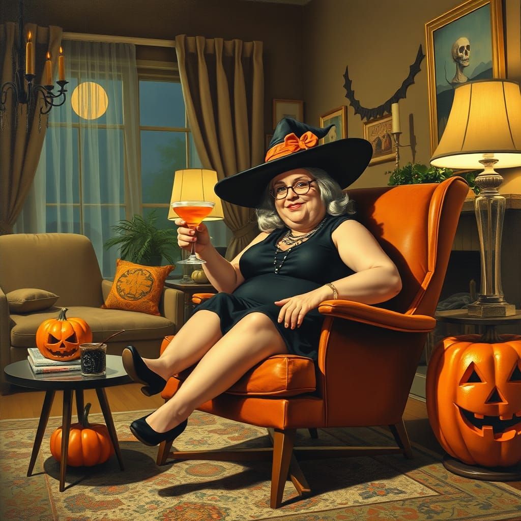 Mid-Century Witch in Halloween Living Room Painting
