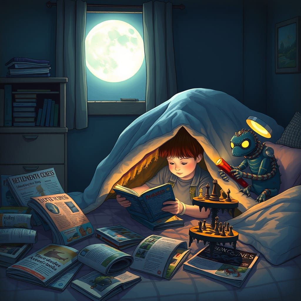 Whimsical Surrealism: Child's Room with Chess-Playing Monste...