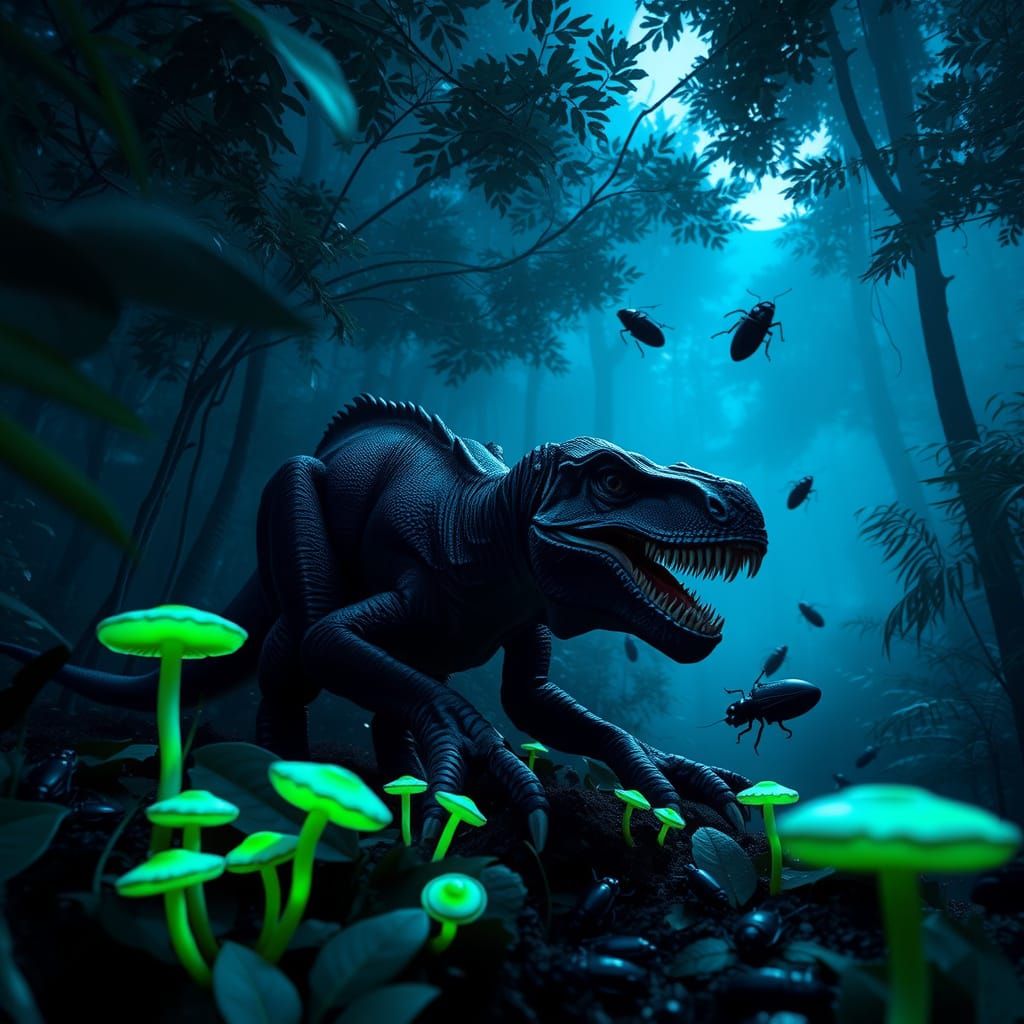 Dark Fantasy Raptor Hunts Under Black Forest Canopy