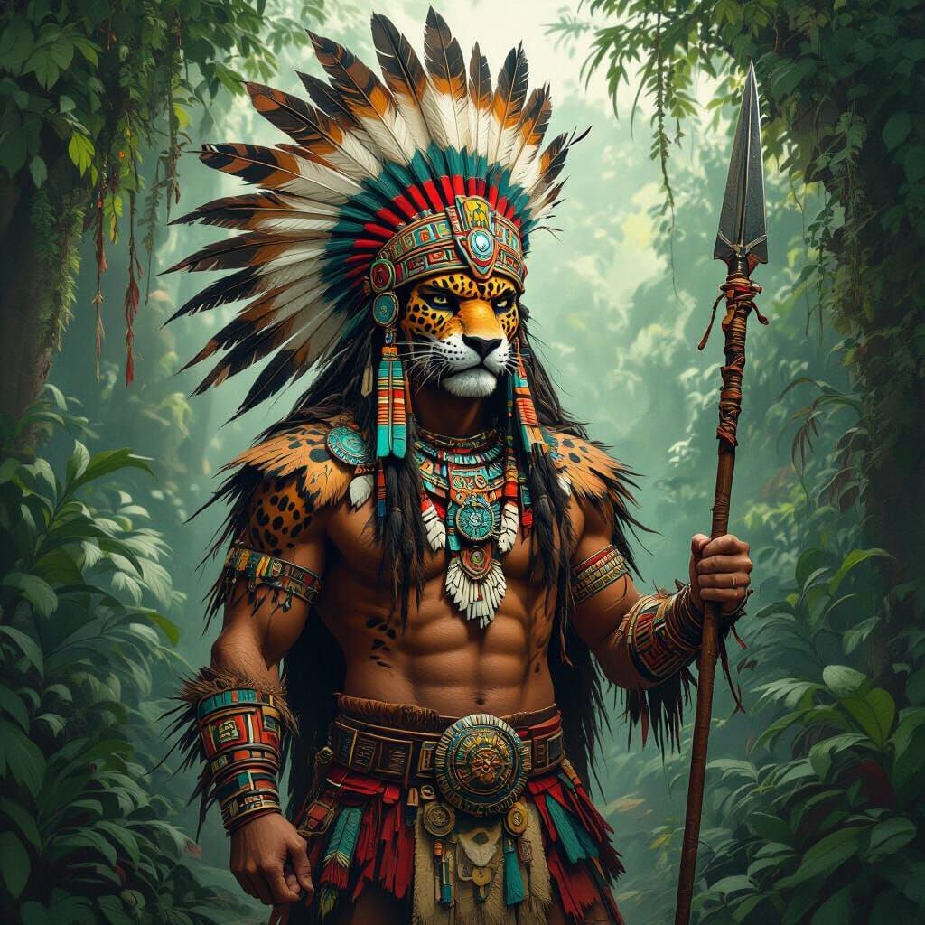 Aztec Jaguar Warrior in Mystical Jungle