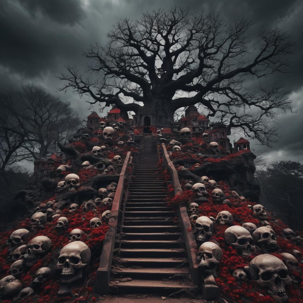 Temple Staircase Surrounded by Skulls in Gloomy Atmosphere