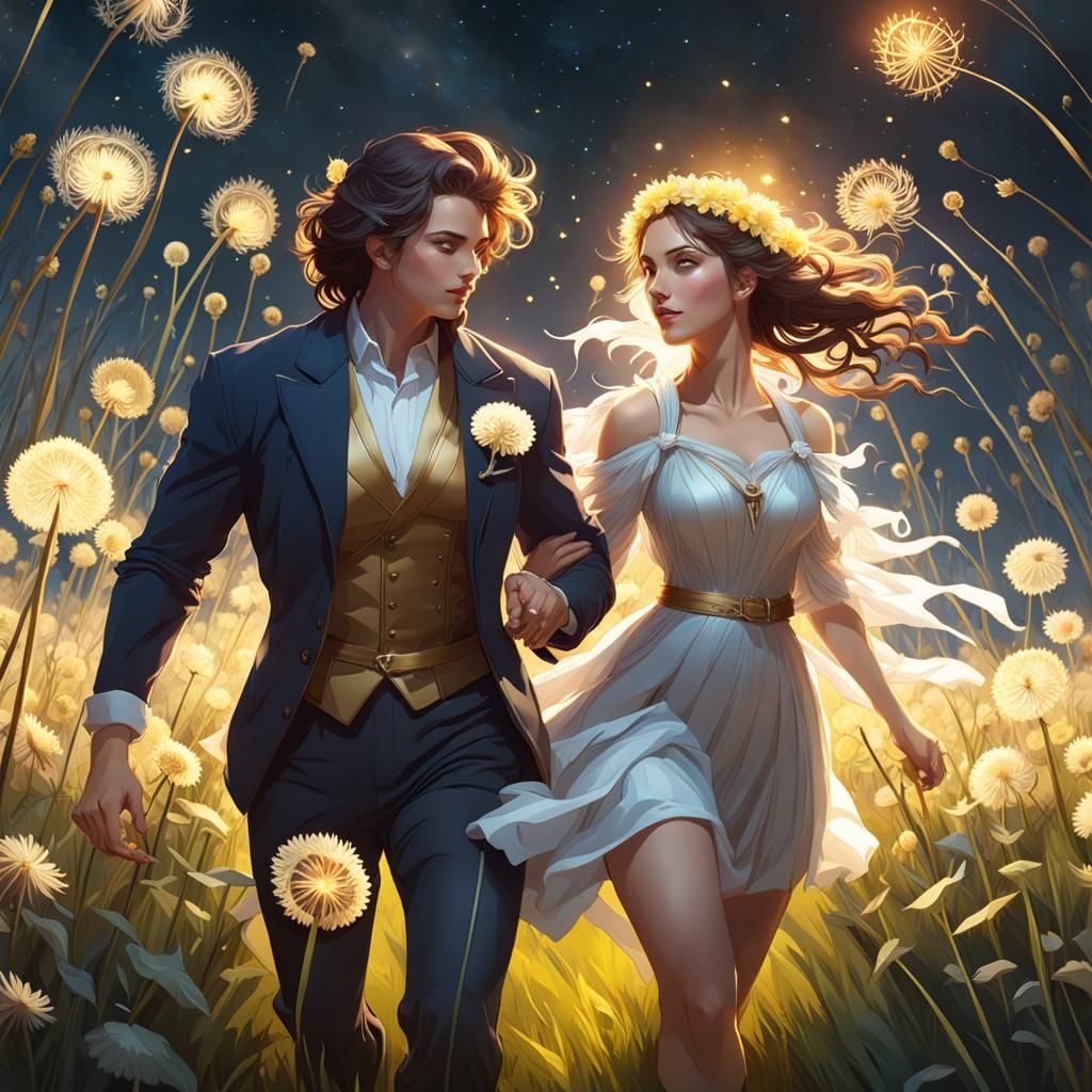 Couple Running Through Dandelions at Night, Detailed Art