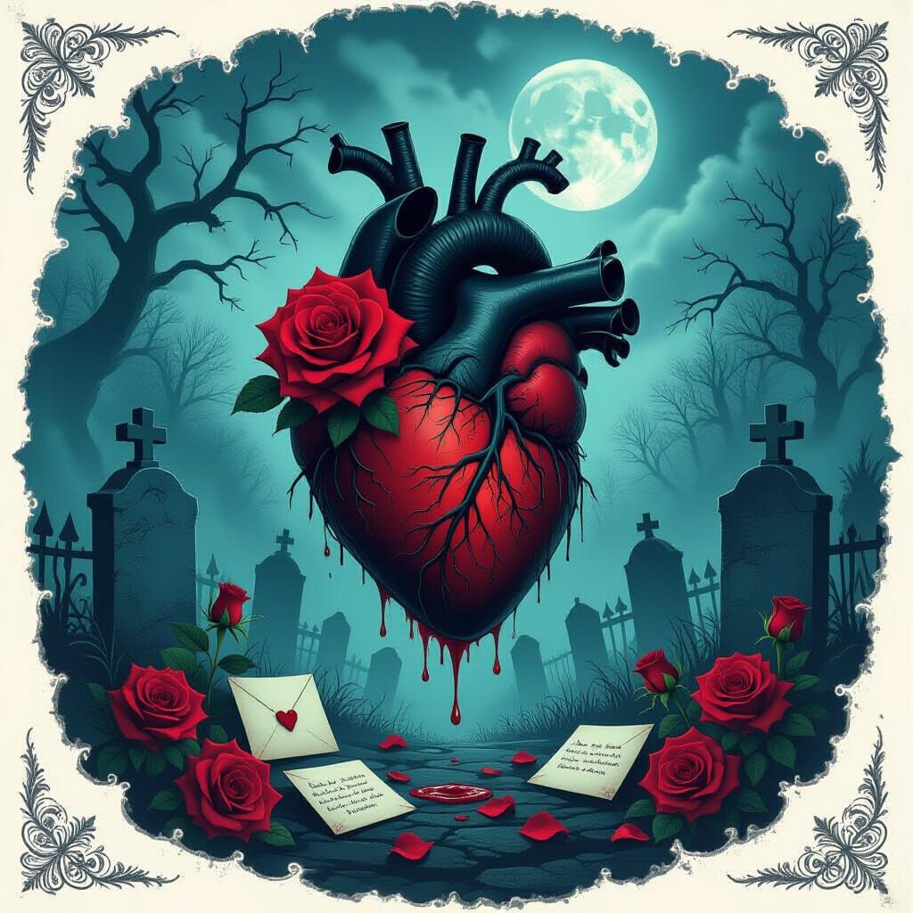 Spectral Heart & Ghostly Roses in Moonlit Graveyard