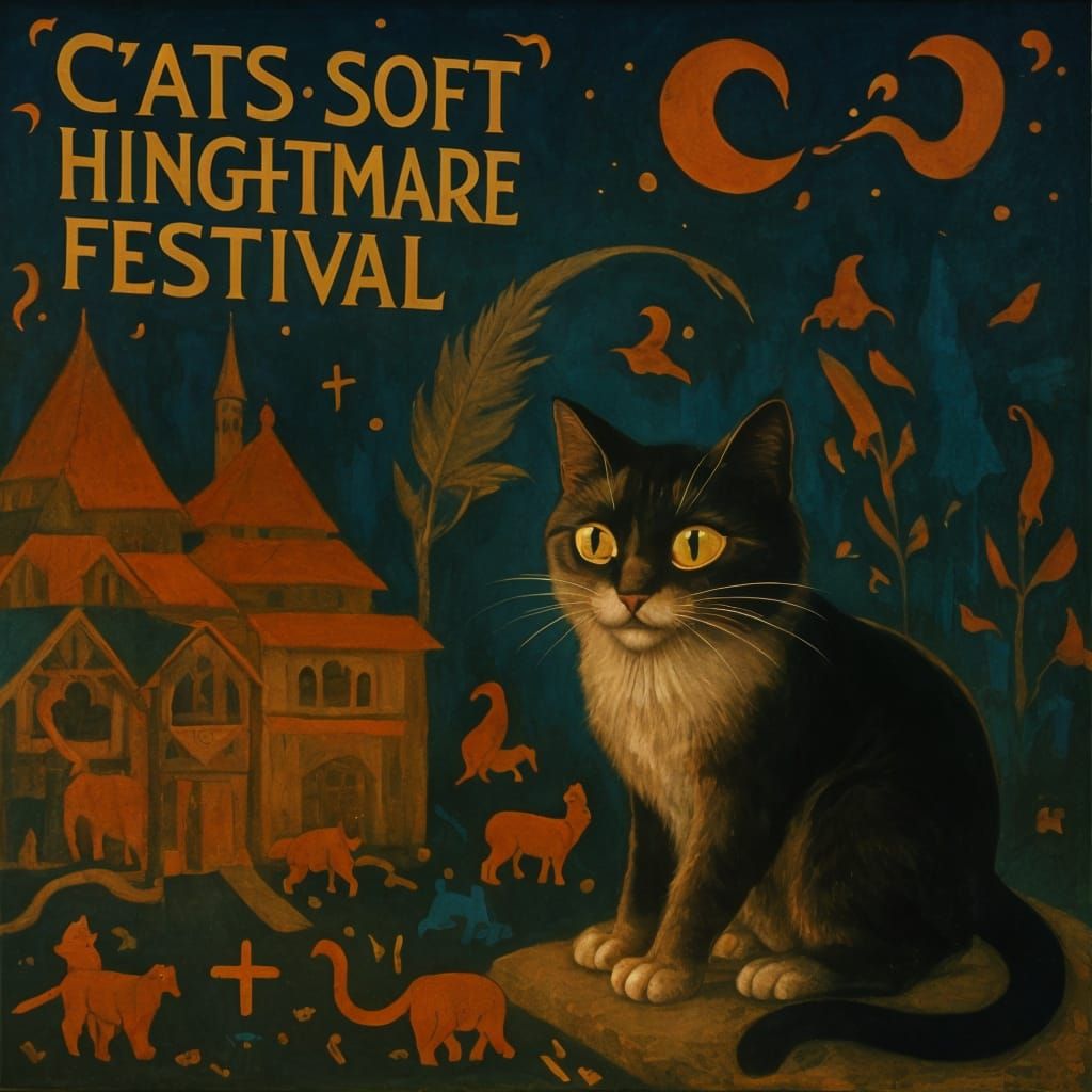 Whimsical Cat Nightmare Festival in Russian Folk Art Style