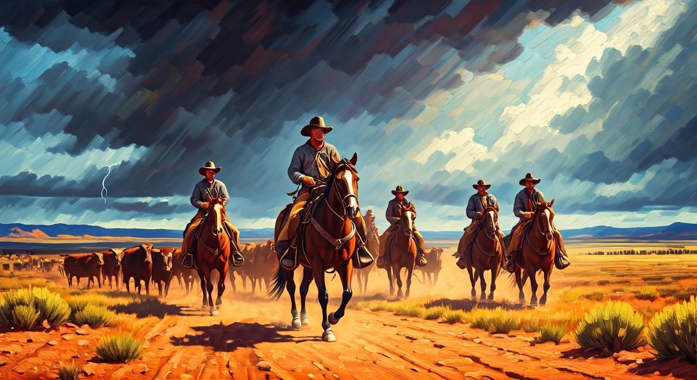 Dramatic Cattle Drive Under Stormy Sky in Impasto Style